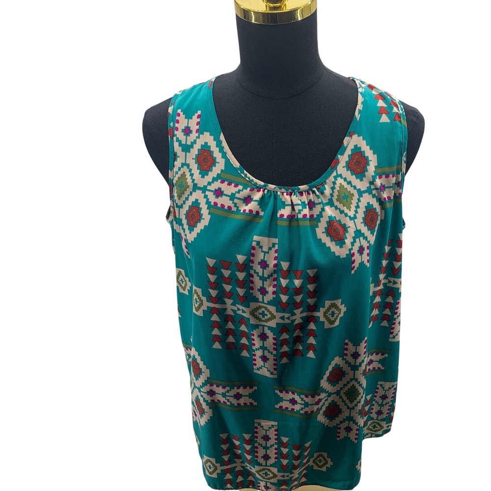Moa Moa Womens Teal Geometric Southwestern Print Open Back Tank Top Medium